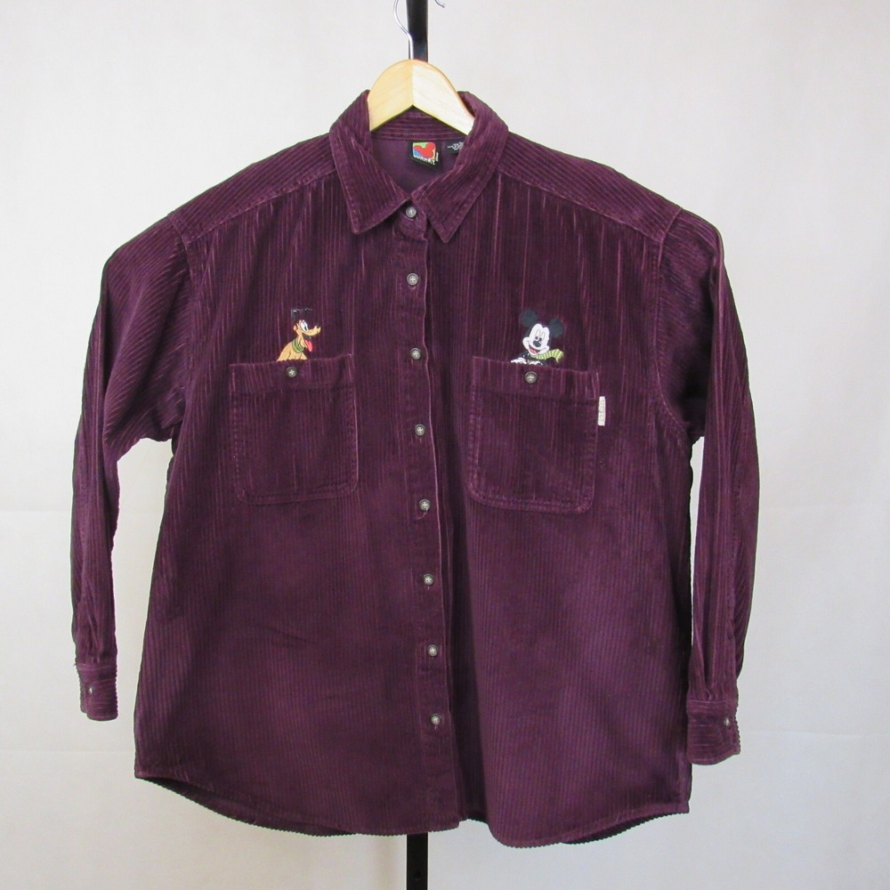 VTG Disney Mickey Unlimited Corduroy Shirt MAROON Pluto Disney Sz L